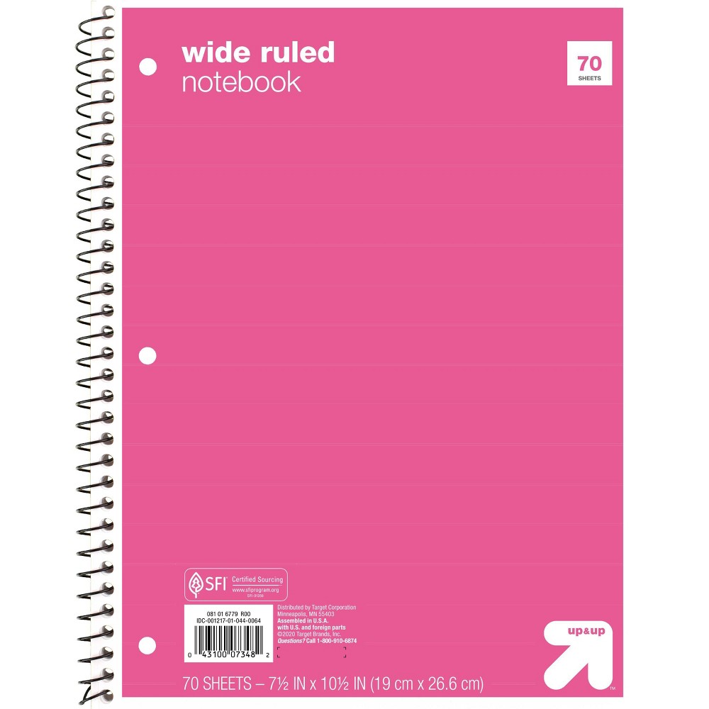 Wide Ruled Pink 1 Subject Flexible Paperboard Cover Spiral Notebook - up&up™: 70 Pages, 3 Hole Punched, Tween