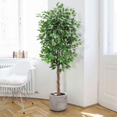 Artificial Ficus Tree,Tall Fake Ficus Silk Tree with Natural Wood Trunk in Plastic Nursery Pot for Indoor Outdoor Room Office Garden Decor (6ft)
