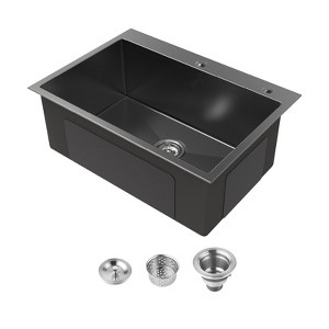 Cobbe Black 27" Drop-in Kitchen Sink, Stainless Steel 2-Hole Deep Single Bowl Sink Basin - 1 of 4