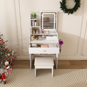 KTMBDW Vanity Desk with LED Lights Mirror, Small Makeup Vanity Table Set with Storage Drawers & Chair, Dressing Table for Women Girls Bedroom, White - 1 of 4