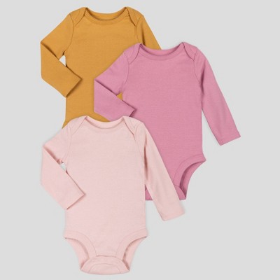 Image of Lamaze Baby Girls' 3pk Organic Cotton Solid Long Sleeve Bodysuit - Pink/Mauve Pink/Mustard Yellow