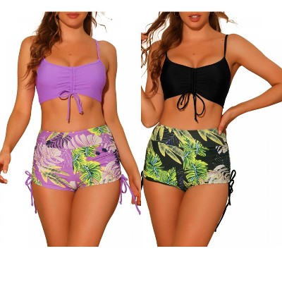 INSPIRE CHIC Women's Drawstring Push-Up Top Tropical Print High Waist Shorts Swimwear Bathing Suits 2 Sets