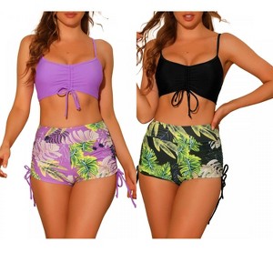 INSPIRE CHIC Women's Drawstring Push-Up Top Tropical Print High Waist Shorts Swimwear Bathing Suits 2 Sets - 1 of 4