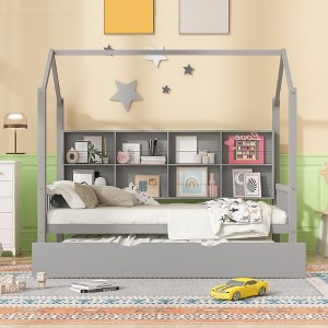 Wooden Twin Size House Bed With 2 Drawers, Storage Shelf Kids' Bed, Multifunctional Sky Roof House Bed Frame - 1 of 4