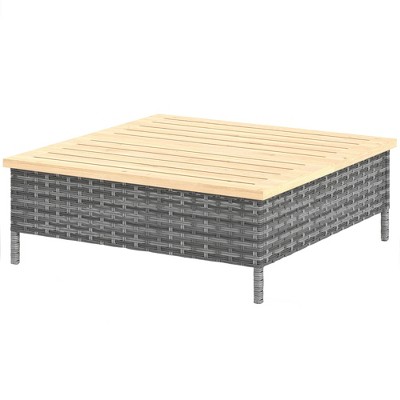 Outsunny PE Rattan Outdoor Side Table, Patio End Table with Wood Top, Gray