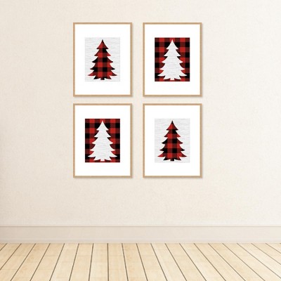 Holiday Plaid Trees Red and Black Linen Paper Wall Art Set