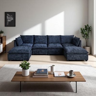 140" U-Shaped Sectional Sofa with 2 Ottomans & Throw Pillows