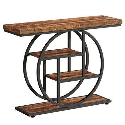 Gulches Industrial 4-Tier Console Table, Circle Metal Frame, Rustic Brown, 41.3", Sofa/Entryway Accent Table with Storage