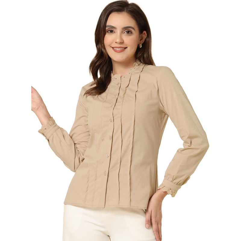 Allegra K Women's Mock Neck Blouse Ruffle Work Office Cotton Pleated Button Up Shirt, 1 of 6