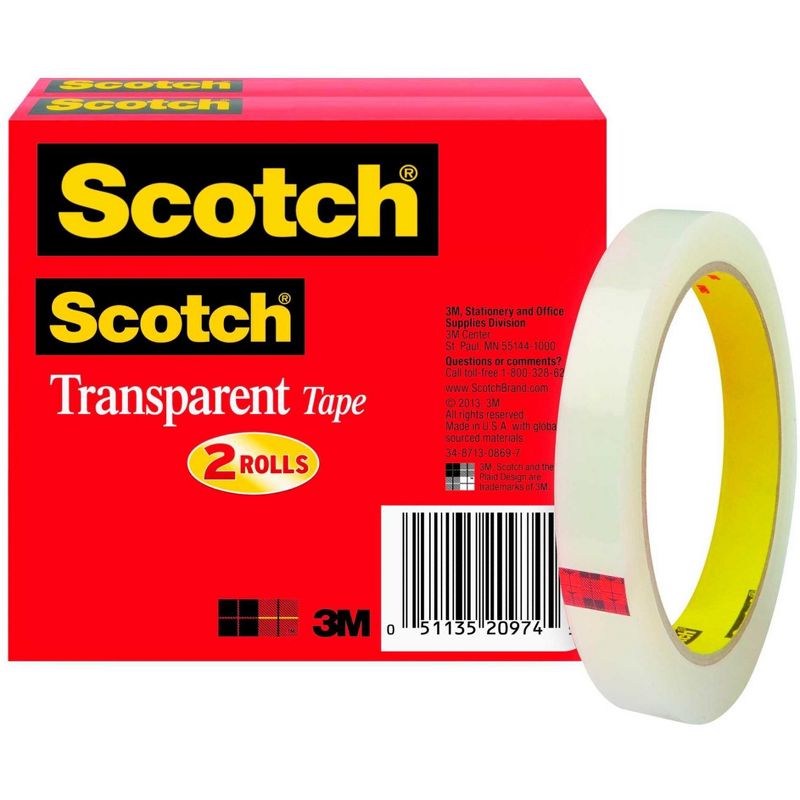 Scotch 600 Transparent Tape, 0.50 x 2592 Inch, 3 Inch Core, Glossy Finish, Pack of 2, 1 of 3