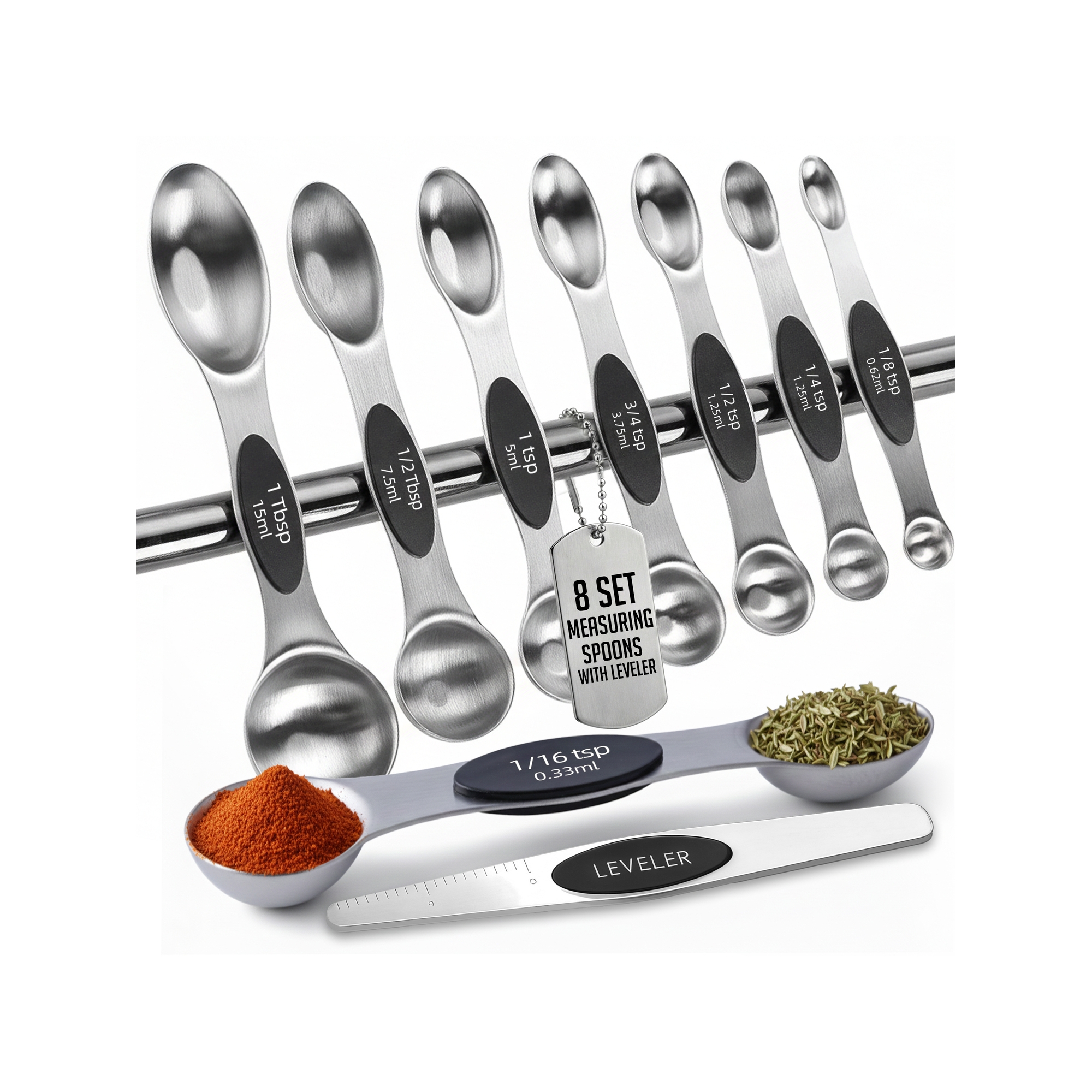 Magnetic Measuring Spoons with Leveler Set, Dual Sided Stainless Steel, Strong N40 Magnets Nesting Measuring Spoon for Baking & Cooking