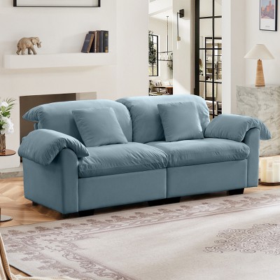 MYINDA Velvet 2 Seater Deep Seat Sofa for Living Room, Fluffy Armrest Pillows and Backrest, Couch With Storage Under Each Seat, Blue
