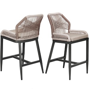 Outdoor Wicker Bar Stool Set of 2, Sponge Outdoor Square Bar Chair, High Top Rattan Barstool - 1 of 4