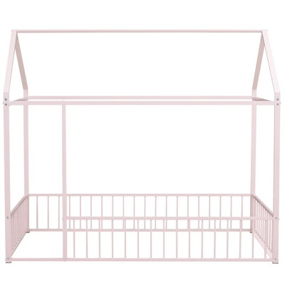 Bellemave Twin Size Montessori Floor Bed with Fence, Metal House Floor Bed Frame for Kids, Pink