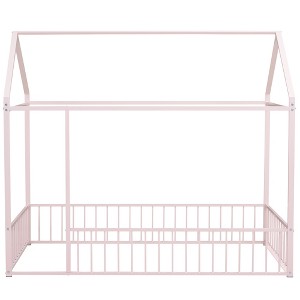Bellemave Twin Size Montessori Floor Bed with Fence, Metal House Floor Bed Frame for Kids, Pink - 1 of 4