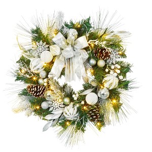 24 In Christmas Wreaths for Front Door,Prelit Wreath with LED Lights Pine Cones Ball Ornaments for Fireplace Mantle Indoor Outdoor Xmas Decor - 1 of 4