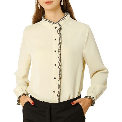 Allegra K Women's Ruffled Stand Collar Long Sleeve Chiffon Button Down Shirt