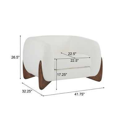Modern White Boucle Upholstered Club Chair with Walnut Wood Legs