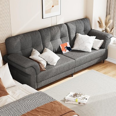 83'' Modern White Sofa 3 Seater Comfy Couch with Sponge Armrest, Iron Frame, Curved Bent Armrest, Magazine Pocket, and Deep Cushion