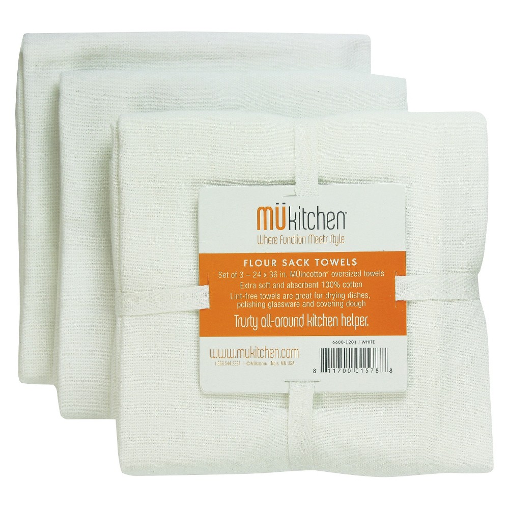 Photos - Other Accessories 3pk Cotton Kitchen Towels White - MU Kitchen: Machine Washable, Plain Weave Dish Towels, Set of 3