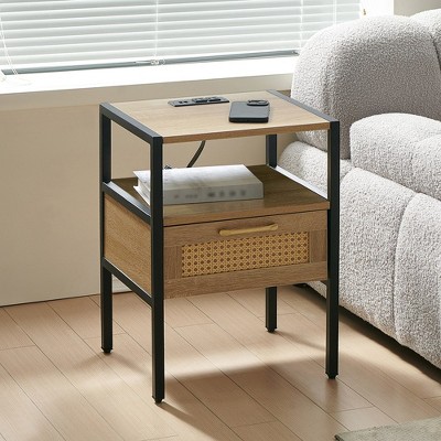 Rattan Nightstand, 15.75" Rattan End Table, Rattan Wood End Side Accent Table Nightstand w/Charging Station, Cane End Table w/Drawer&Solid Wood Legs B