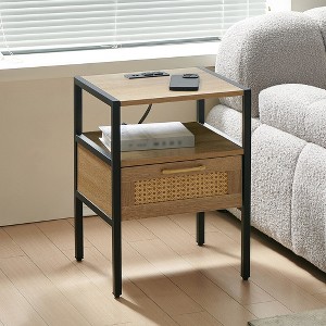 Rattan Nightstand, 15.75" Rattan End Table, Rattan Wood End Side Accent Table Nightstand w/Charging Station, Cane End Table w/Drawer&Solid Wood Legs B - 1 of 4