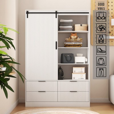 Tall Armoire Closet With Hanging Rod Barn Door, Clothing Storage With 4 Drawers, Modern Armoire-Cuddlewood