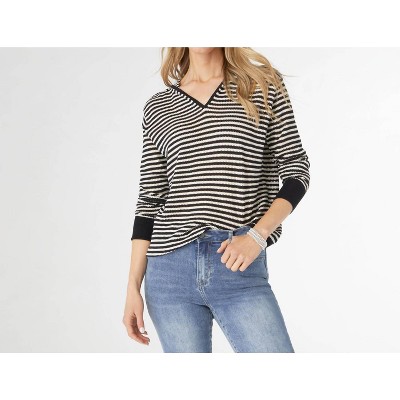 Women's Aruni V-neck Striped Knit Top With Hood - COCO + CARMEN