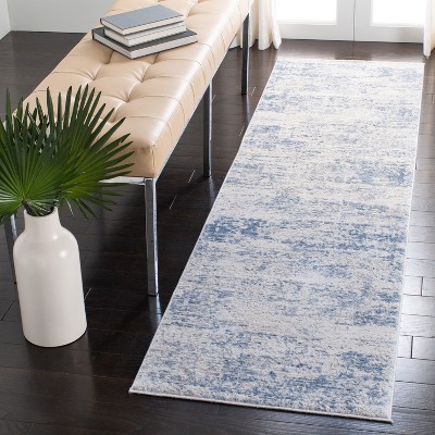 Ivory and Blue Abstract Hand-knotted Synthetic Runner Rug