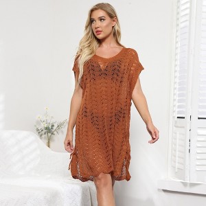 Coolmee Women's Solid Crochet Cover Up Hollow Out Swimsuit Cover Up Sheer Loose Fit Sleeveless V Neck Beachwear with Side Drawstring One Size Caramel - 1 of 4