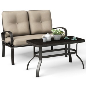 Costway 2 Pcs Patio LoveSeat Coffee Table Set Furniture Bench With Cushion - 1 of 4