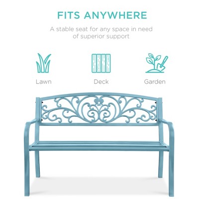 Sky Blue Weather-Resistant Steel Outdoor Bench with Floral Backrest