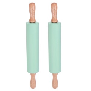 Unique Bargains Silicone Non-Stick Wooden Handle Kitchen Reusable Rolling Pin 2 Pcs - 1 of 4
