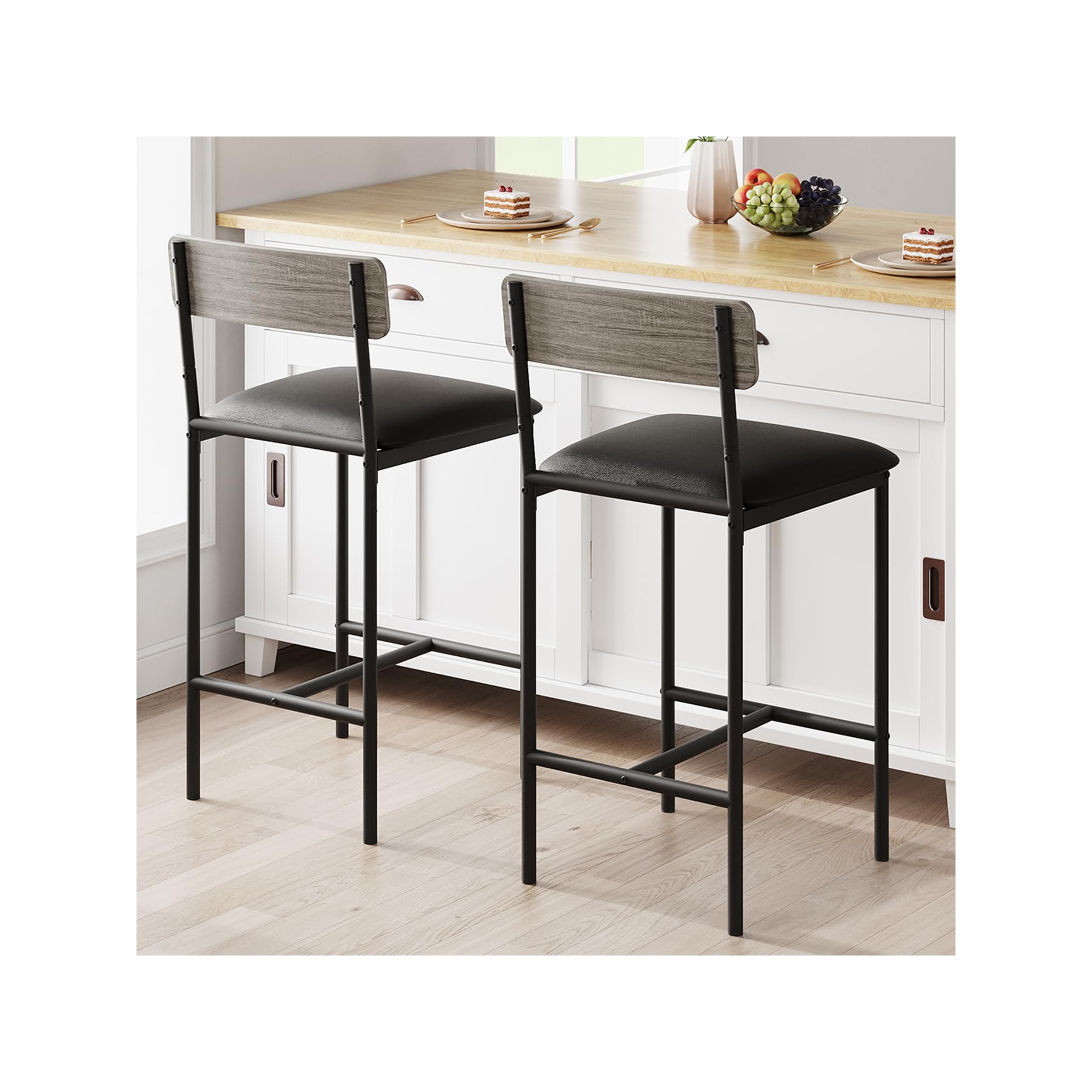2-Pack Counter Bar Stools with Backrest & Footrest, Upholstered Kitchen Island Stools, Easy Assembly, Rustic Gray