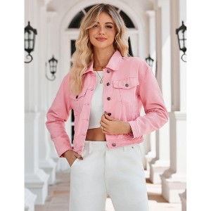 Women's Jean Jacket Frayed Washed Button Up Cropped Denim Jacket With Pockets - 1 of 4