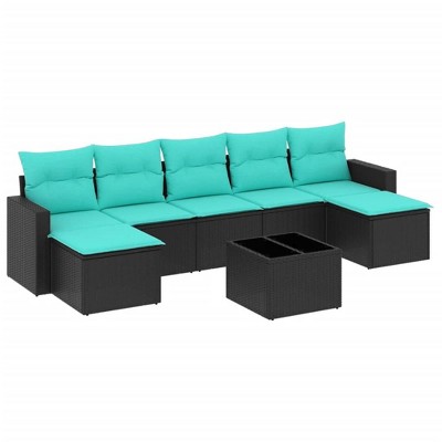 vidaXL 8 Piece Patio Sofa Set with Cushions Black Poly Rattan - Black and Blue With Table