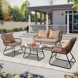 Patio Furniture Set of 4,Outdoor Wicker Conversation Sets,1Loveseat & 2 Armchairs with Cushion and Pillow,Glass Top Table for Backyard,Porch,Balcony - 1 of 4