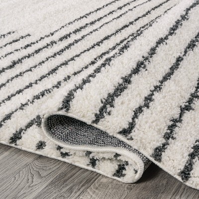 8' x 10' White and Black Stripe Shag Area Rug