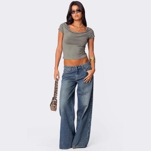 Women's Pants Wide Leg Jeans Vintage Washed Loose Fit Denim Pants - 1 of 3