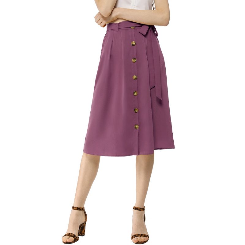 Allegra K Women's Button Front Casual High Waist Belted Midi Flare Skirt, 5 of 8