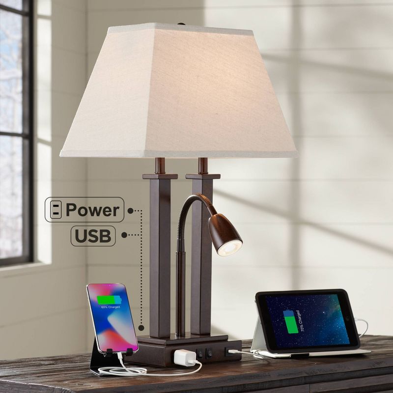 Possini Euro Design Deacon Modern Desk Table Lamp 26" High Bronze with USB and AC Power Outlet in Base LED Reading Light Oatmeal Shade for Office Desk, 3 of 11