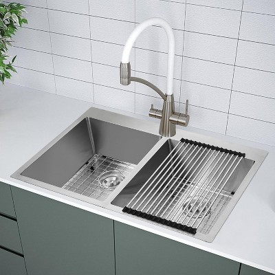 Coucheta Drop In Double Bowl Kitchen Sink,16 Gauge Stainless Steel with Noise Proof Pad, Dish Drying Grid, Roll-Up