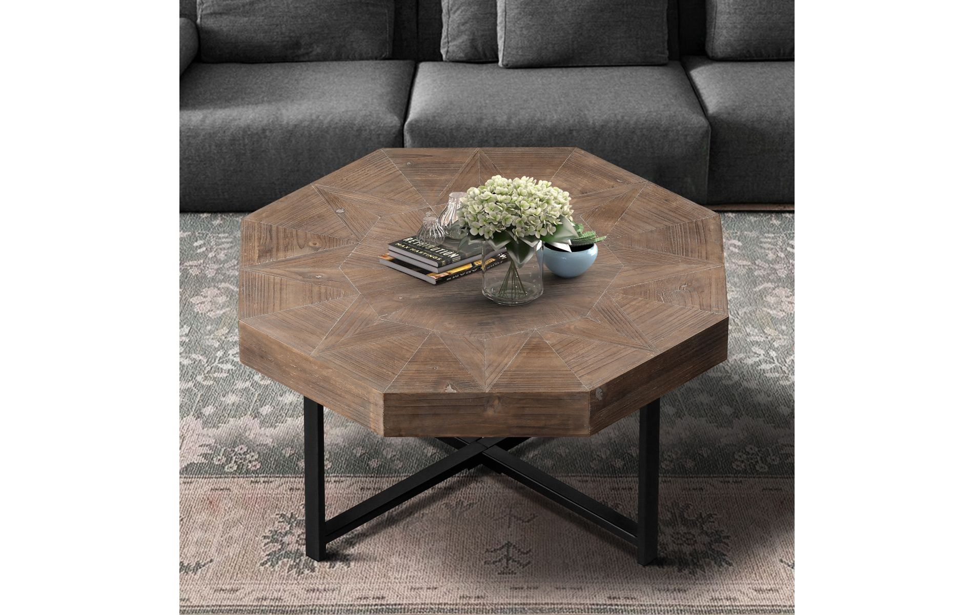 Octagonal Coffee Table Wood, Cocktail Table With Cross Metal Legs, Retro Splicing Design Side Table For Living Room Brown-Cuddlewood