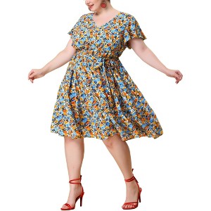 Agnes Orinda Women's Plus Size Floral Printed V neck Empire Waist Flared Casual Midi Dresses - 1 of 4