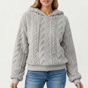 Anna-Kaci Women's Plush Textured Hoodie with Cable Inspired Patterning, High Pile Fabric, Long Sleeves and Ribbed Trim Accents - 1 of 4