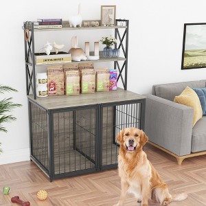 Dog Crate Furniture, Heavy Duty Dog Kennel Furniture with Storage Shelves, Decorative Indoor Dog Cage with 4 Doors, Wooden Pet House End Table - 1 of 4