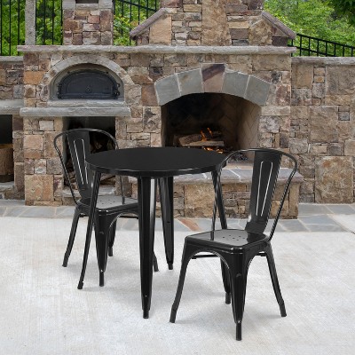 30" Round Black Metal Indoor-Outdoor Dining Table Set with 2 Chairs