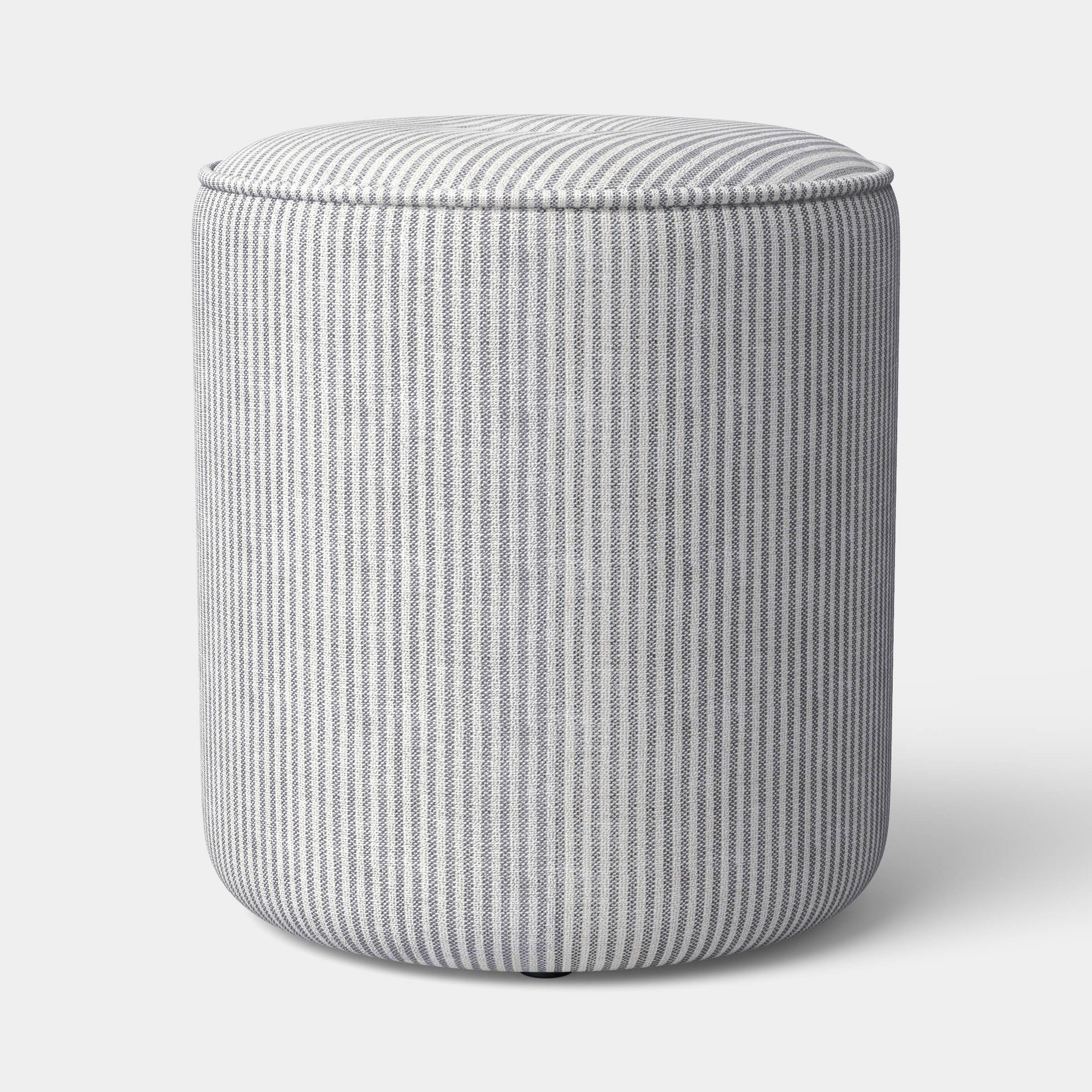 Upholstered Drum Ottoman with Button Tuft and Piping Cream/Blue - Threshold™