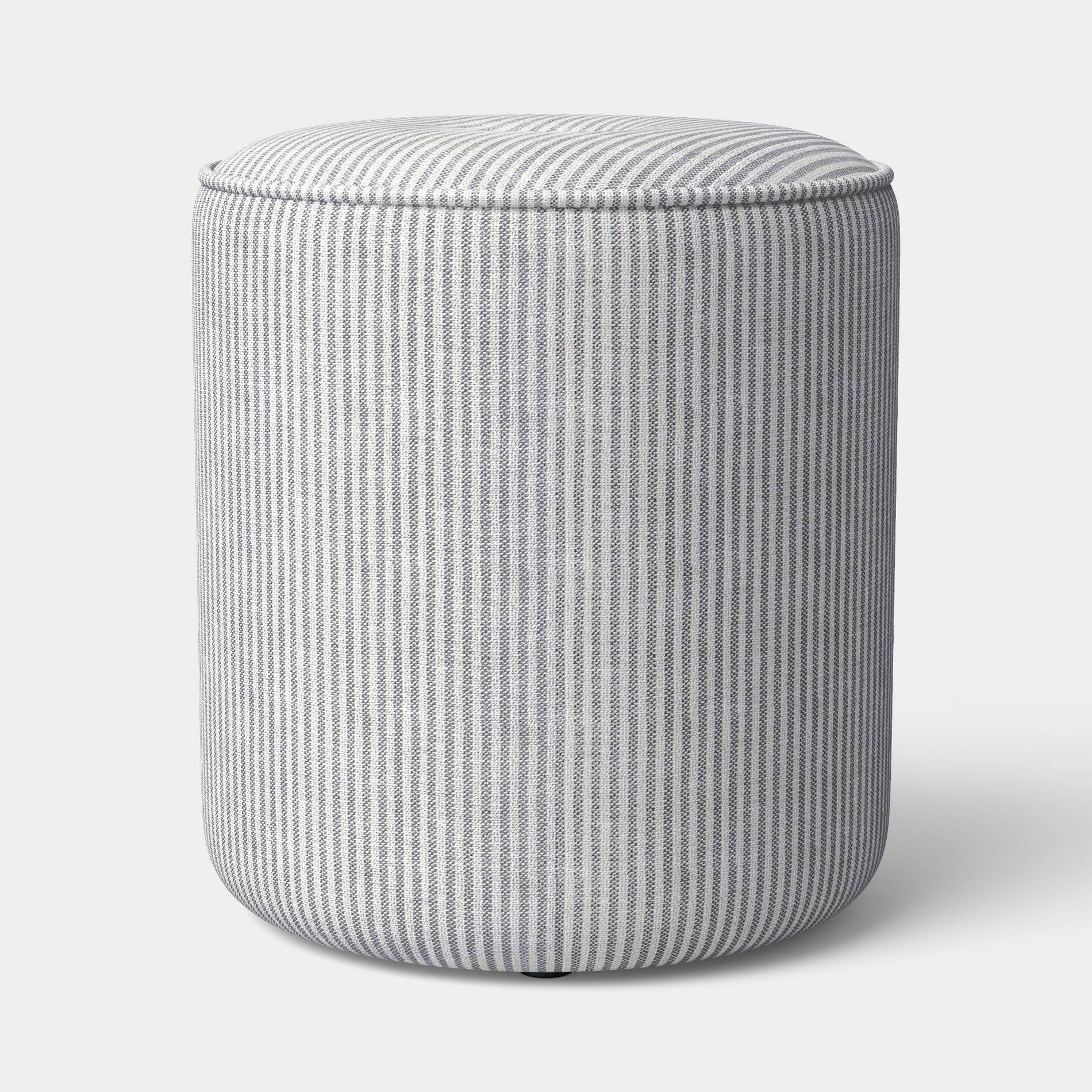 Upholstered Drum Ottoman with Button Tuft and Piping Cream/Blue - Threshold™