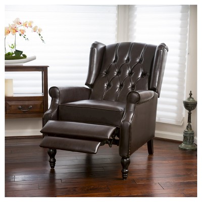 Brown Tufted Leather Wingback Recliner with Wood Legs